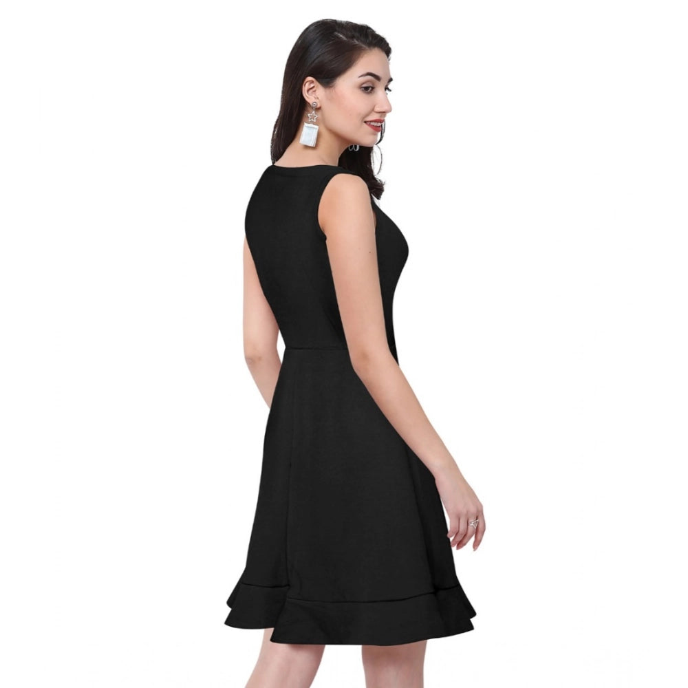 Generic Women's Polyester Solid Round Neck Sleeveless Dress (Black)