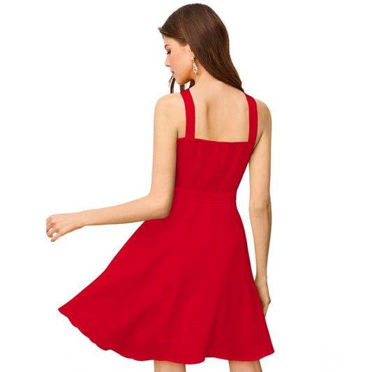 Generic Women's Knitting stretchable Solid Halter Neck Sleeveless Dress (Red )