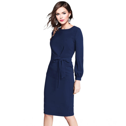 Generic Women's Knitting stretchable Solid Round Neck Full Sleeve Dress (Blue)