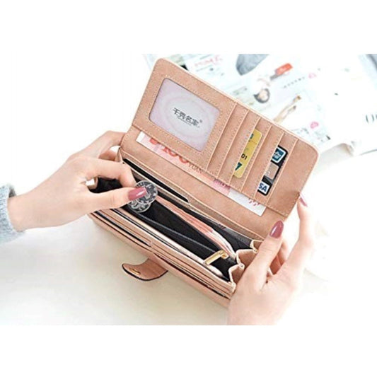 Women's Faux Leather Medium Snap Button Wallet (Brown)