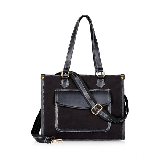 Women's Canvas Medium Top handle Satchel Zipper Handbag (Black)