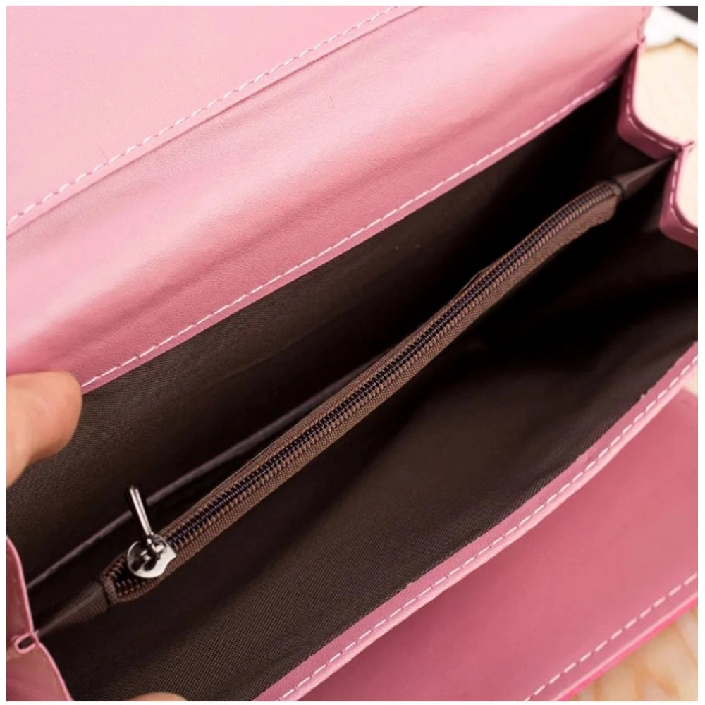 Women's Faux Leather Medium Snap Button Wallet (Pink)
