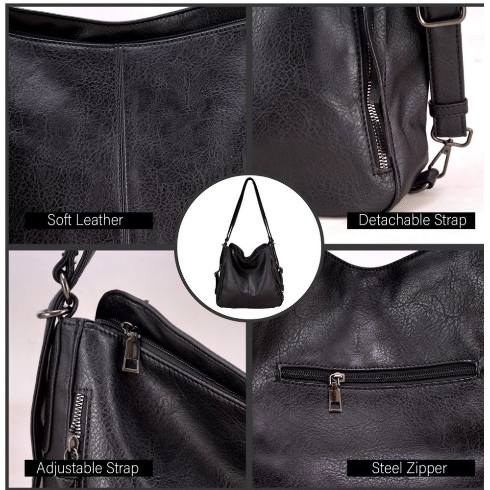 Women's PU Leather Medium Shoulder Zipper Handbag (Black)