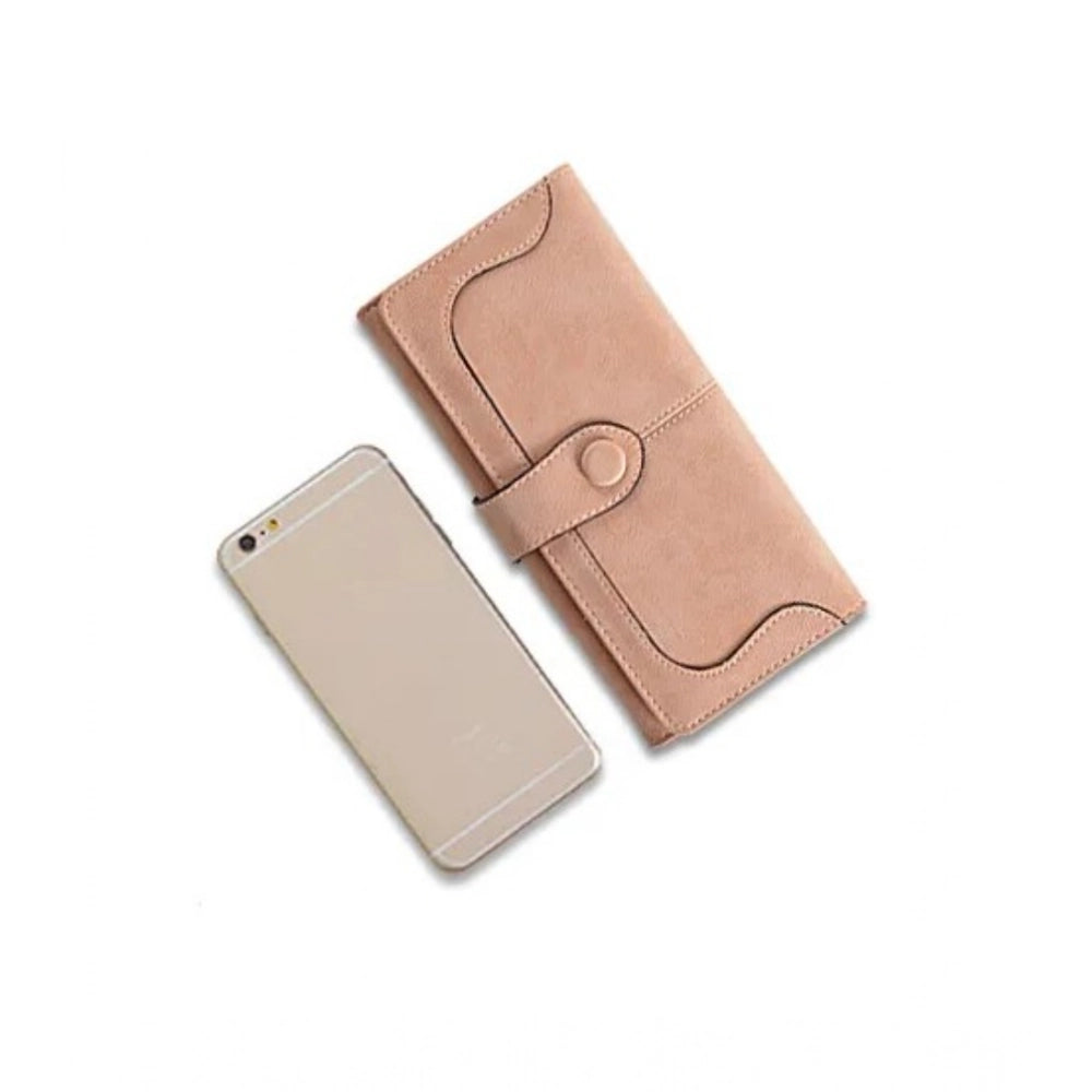 Women's Faux Leather Medium Snap Button Wallet (Khakhi)