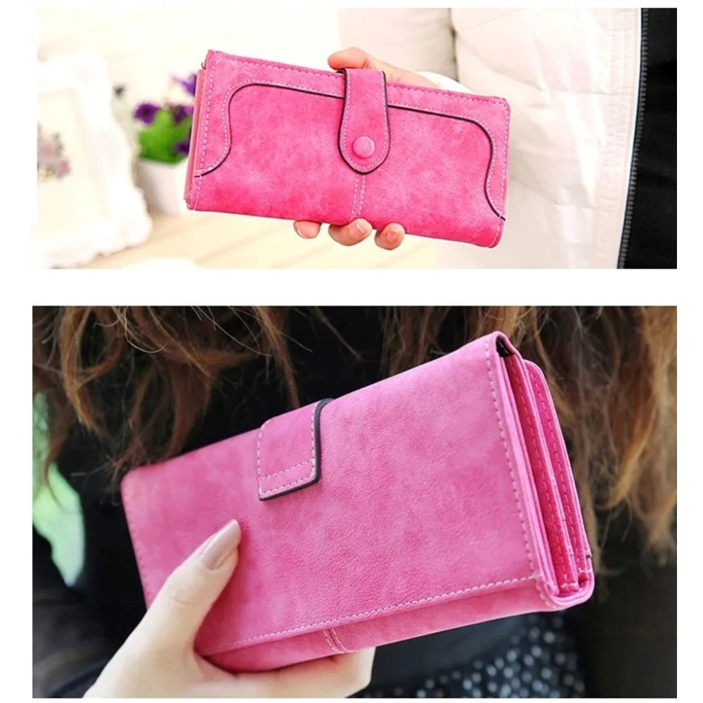 Women's Faux Leather Medium Snap Button Wallet (Pink)