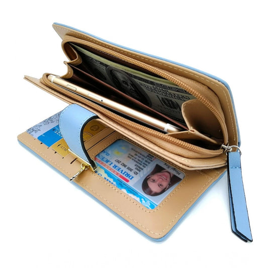 Women's Faux Leather Medium Snap Button Wallet (Blue)