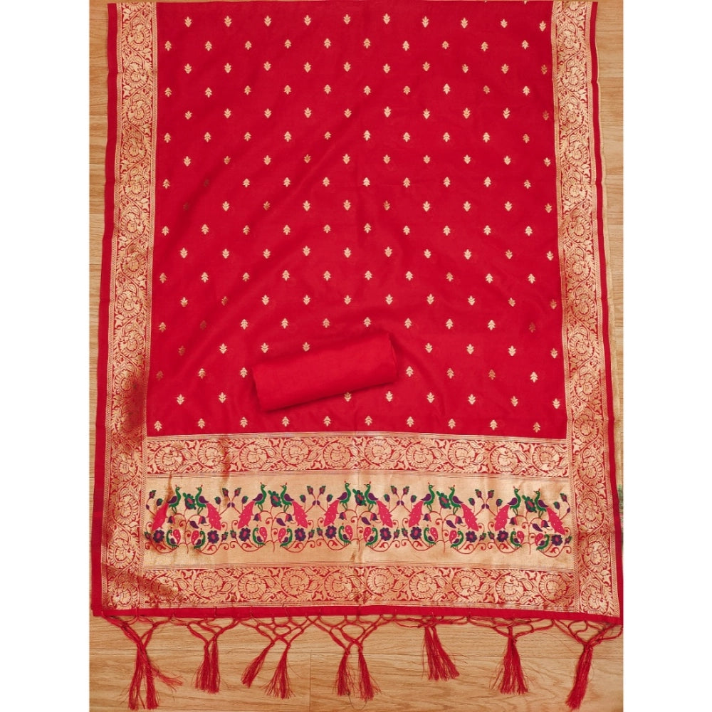 Generic Women's Banarasi Silk Printed Unstitched Salwar Suit Material With Dupatta (Red, 3Mtrs)