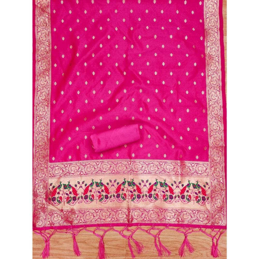 Generic Women's Banarasi Silk Printed Unstitched Salwar Suit Material With Dupatta (Pink, 3Mtrs)