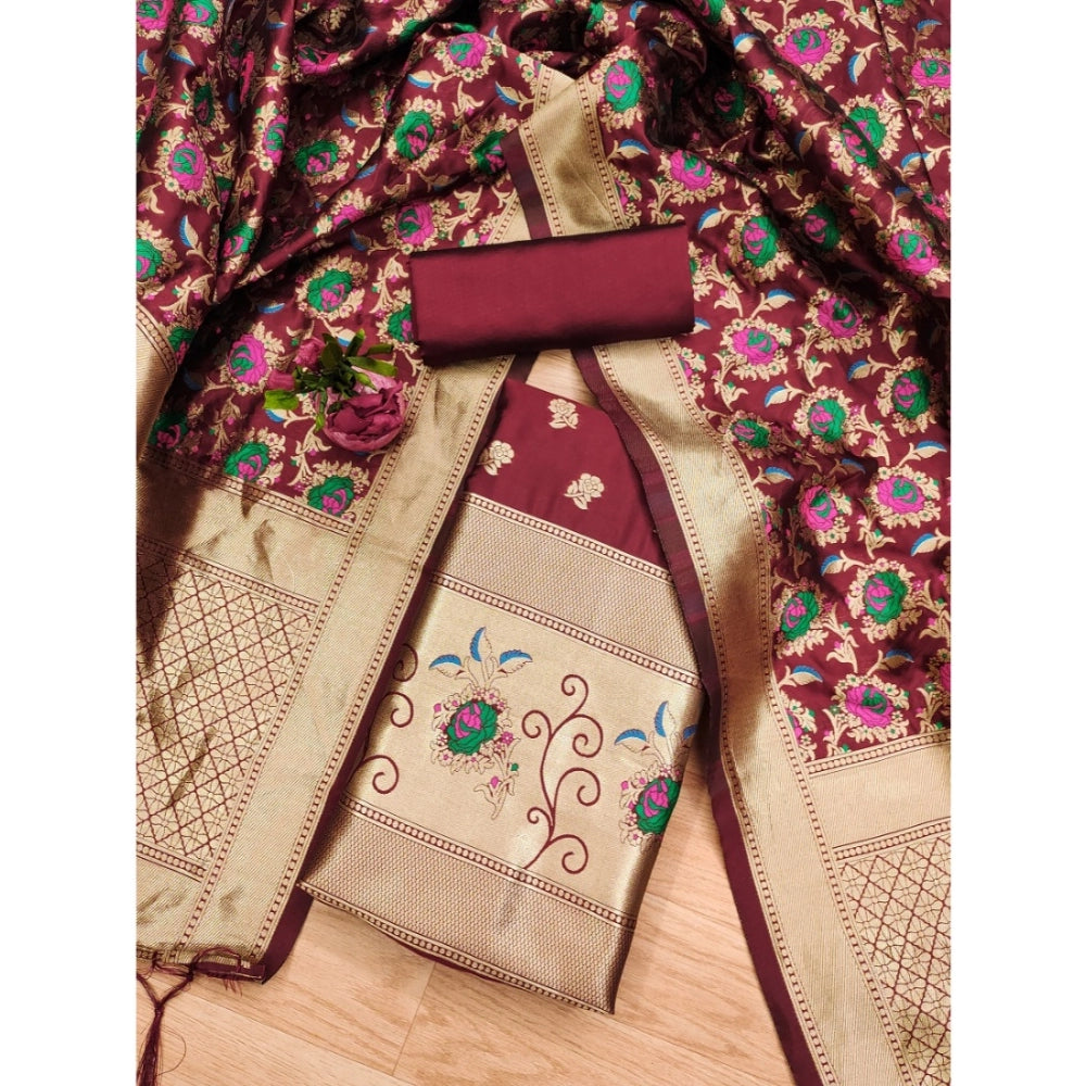 Generic Women's Banarasi Silk Printed Unstitched Salwar Suit Material With Dupatta (Maroon, 3Mtrs)