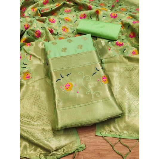 Generic Women's Banarasi Silk Printed Unstitched Salwar Suit Material With Dupatta (Pista, 3Mtrs)