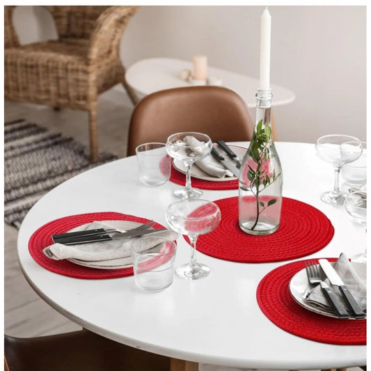 Cotton Dining Table Round Placemat Mats Set of 4 (Red)