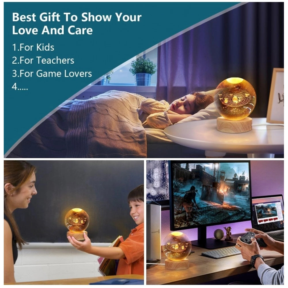 Wood 3D Galaxy Crystal Ball Night Lamp Colorful LED Wooden for Solar System (Transparent)