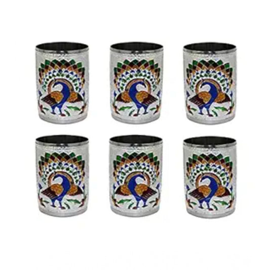 Steel Meenakari Peacock Design Decorative Glass Set (Silver)