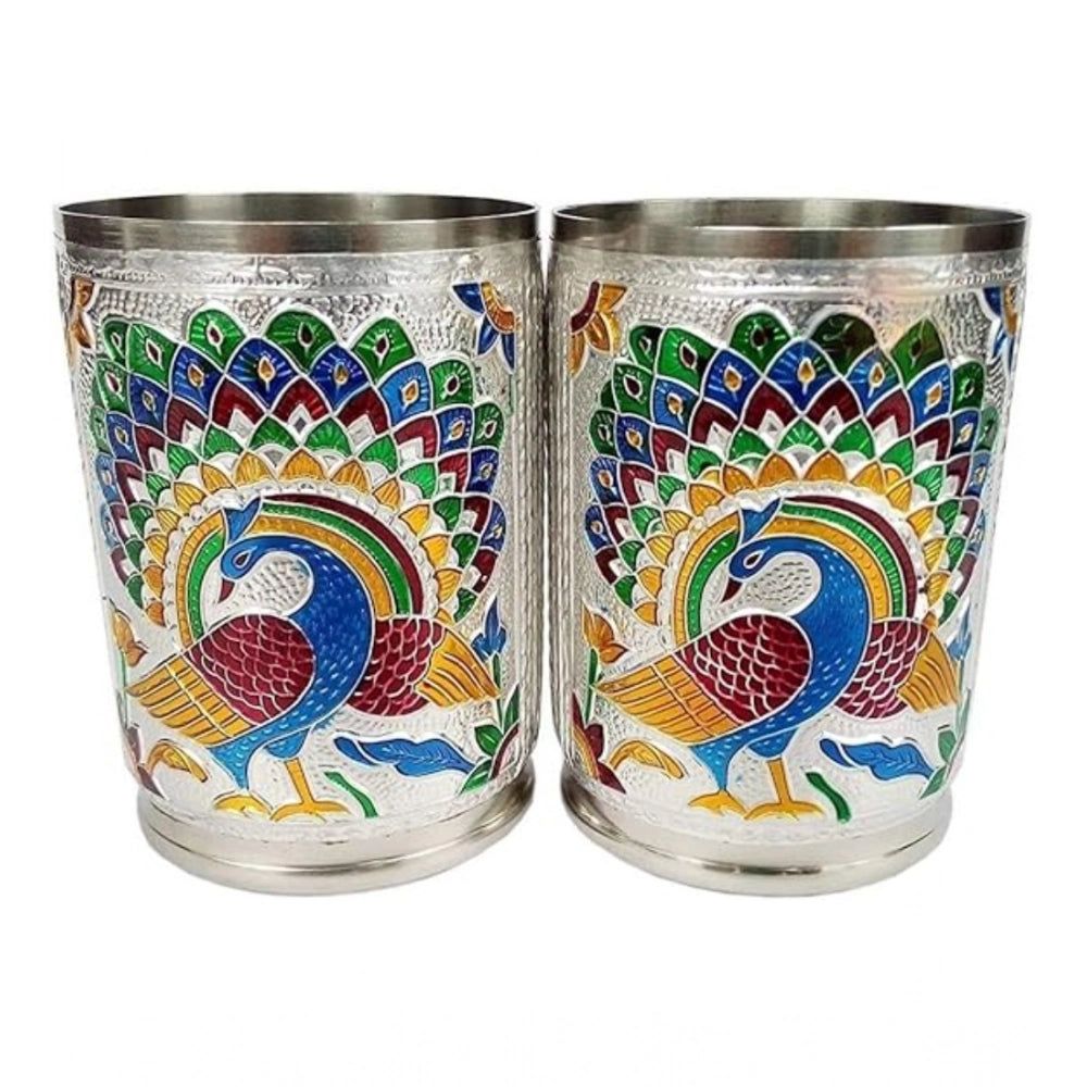 Steel Meenakari Peacock Design Decorative Glass Set (Silver)