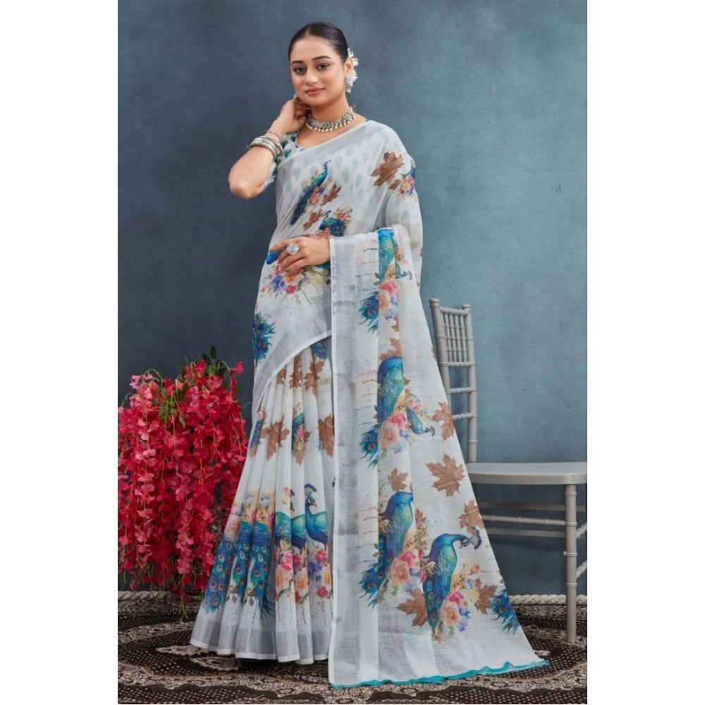 Women's Linen Floral Printed Saree With Unstitched Blouse 5.5Mtr (Off-White)