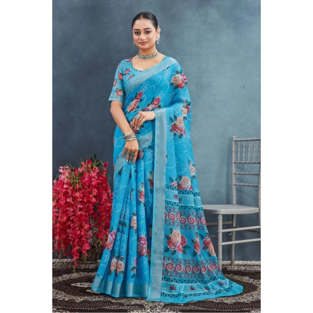 Women's Linen Floral Printed Saree With Unstitched Blouse 5.5Mtr (Blue)