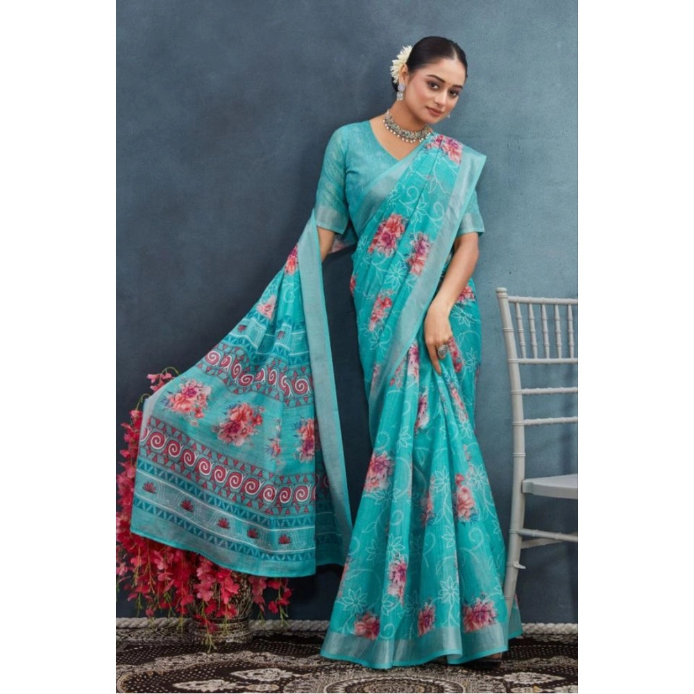 Women's Linen Floral Printed Saree With Unstitched Blouse 5.5Mtr (Aqua)