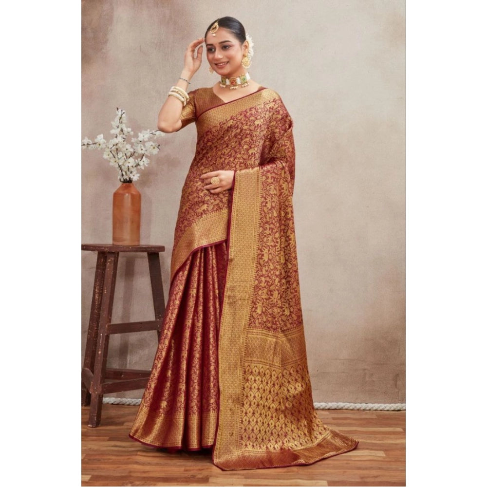 Women's Silk Blend Floral Printed Saree With Unstitched Blouse 5.5Mtr (Brown)