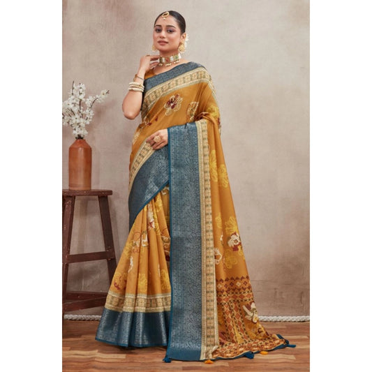 Women's Crepe Silk Printed Saree With Unstitched Blouse 5.5Mtr (Mustard)