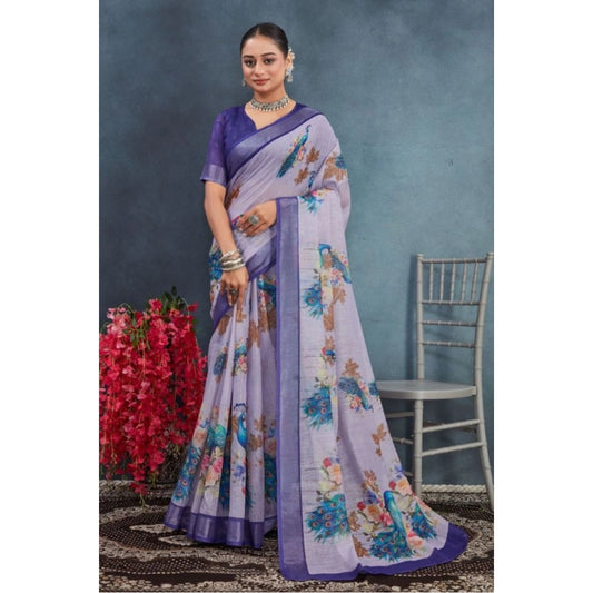 Women's Linen Floral Printed Saree With Unstitched Blouse 5.5Mtr (Purple)
