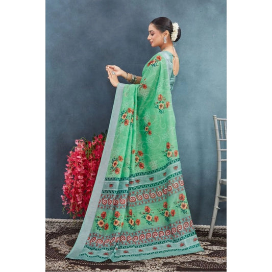 Women's Linen Floral Printed Saree With Unstitched Blouse 5.5Mtr (Green)