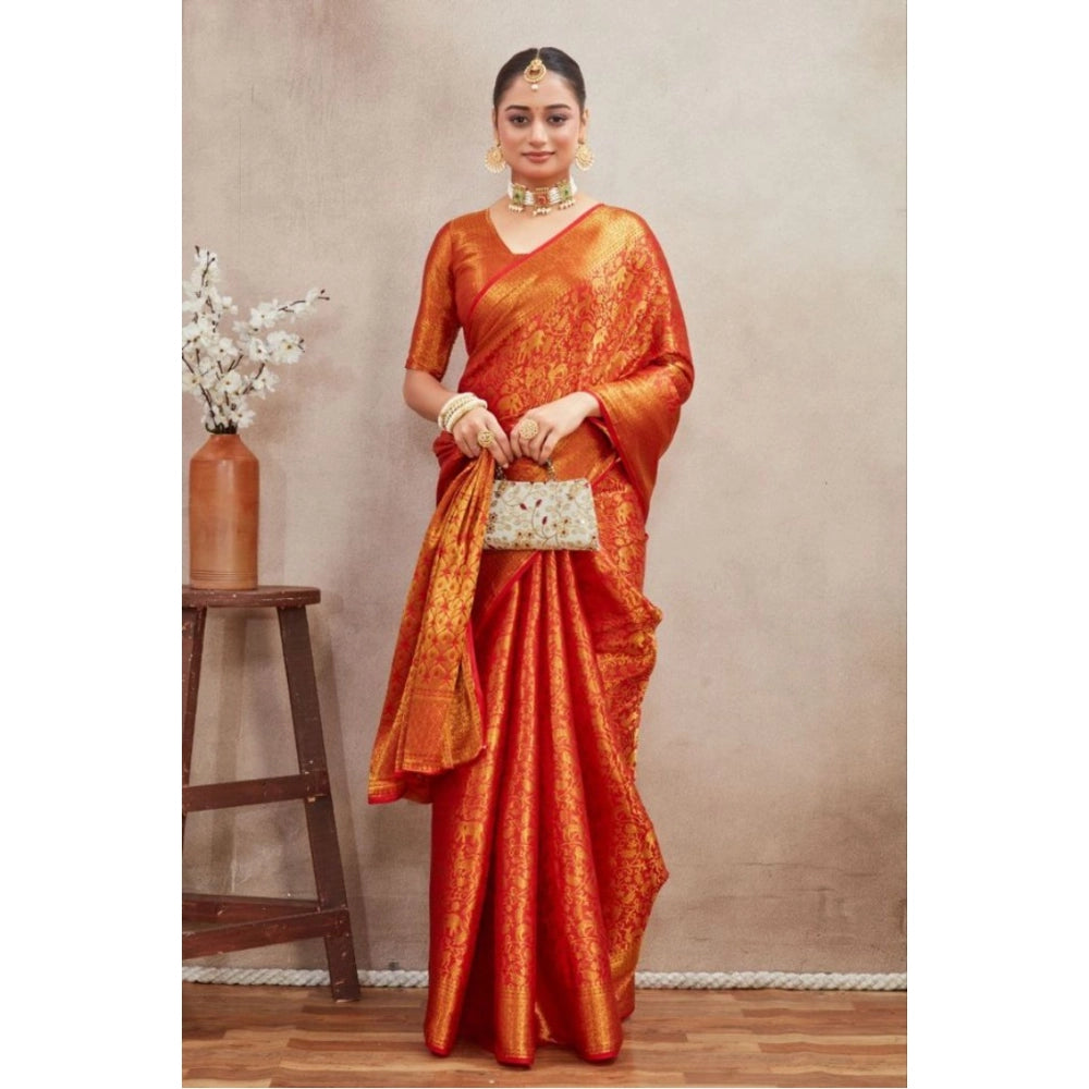 Women's Silk Blend Floral Printed Saree With Unstitched Blouse 5.5Mtr (Red)