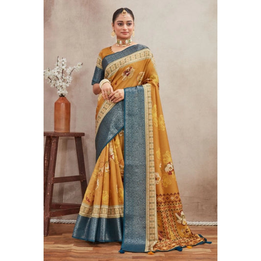 Women's Crepe Silk Printed Saree With Unstitched Blouse 5.5Mtr (Mustard)