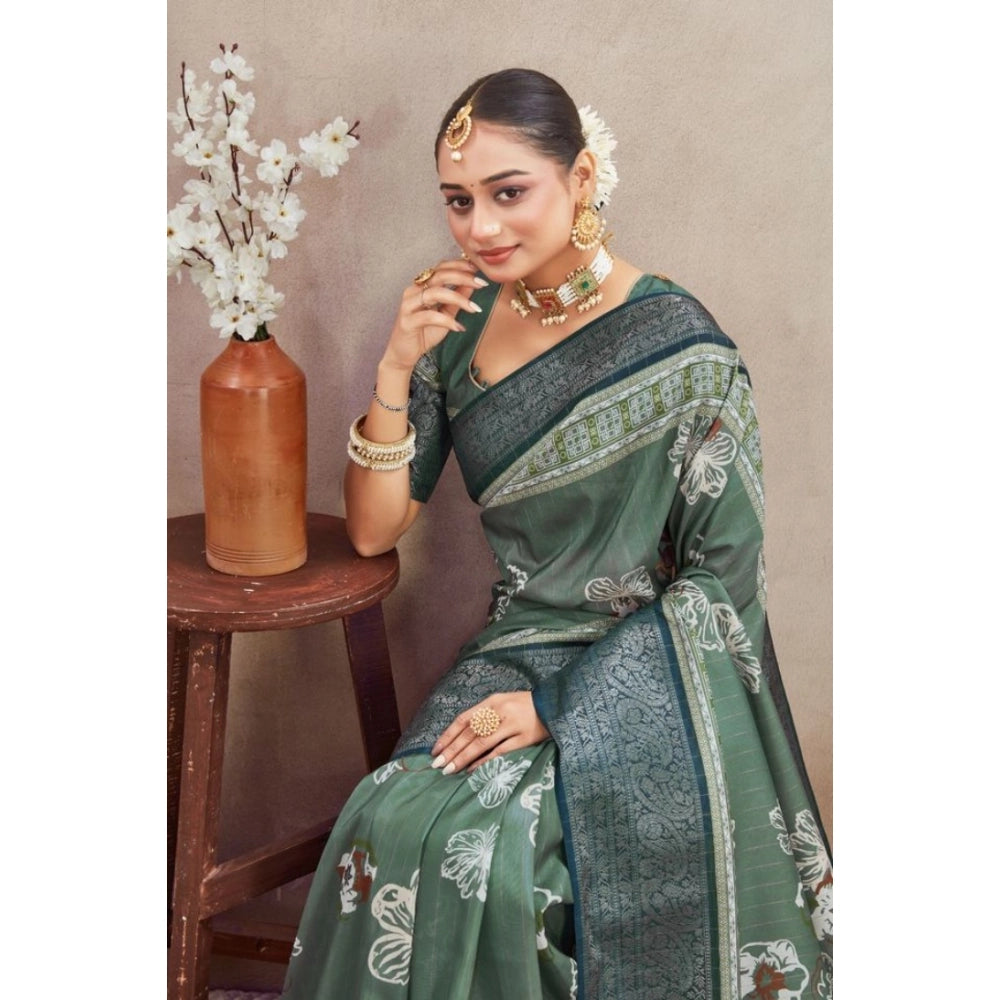 Women's Crepe Silk Printed Saree With Unstitched Blouse 5.5Mtr (Green)