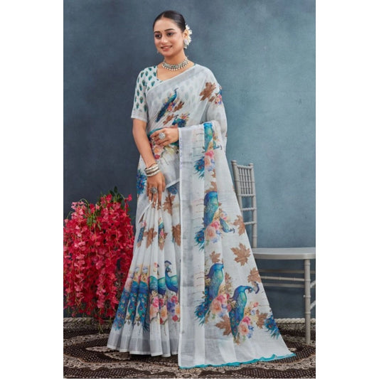 Women's Linen Floral Printed Saree With Unstitched Blouse 5.5Mtr (Off-White)