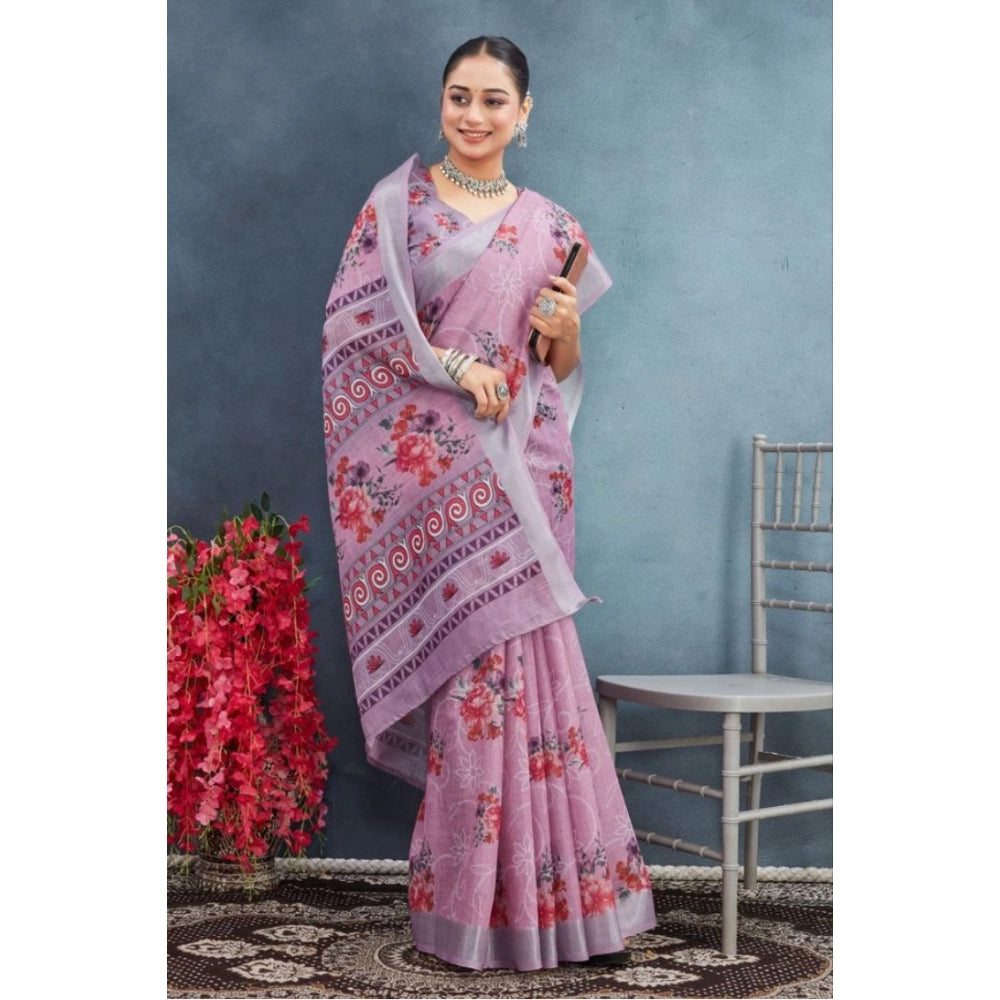 Women's Linen Floral Printed Saree With Unstitched Blouse 5.5Mtr (Purple)