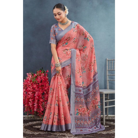 Women's Linen Floral Printed Saree With Unstitched Blouse 5.5Mtr (Peach)