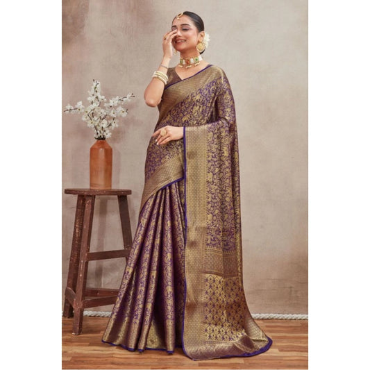 Women's Silk Blend Floral Printed Saree With Unstitched Blouse 5.5Mtr (Navy Blue)