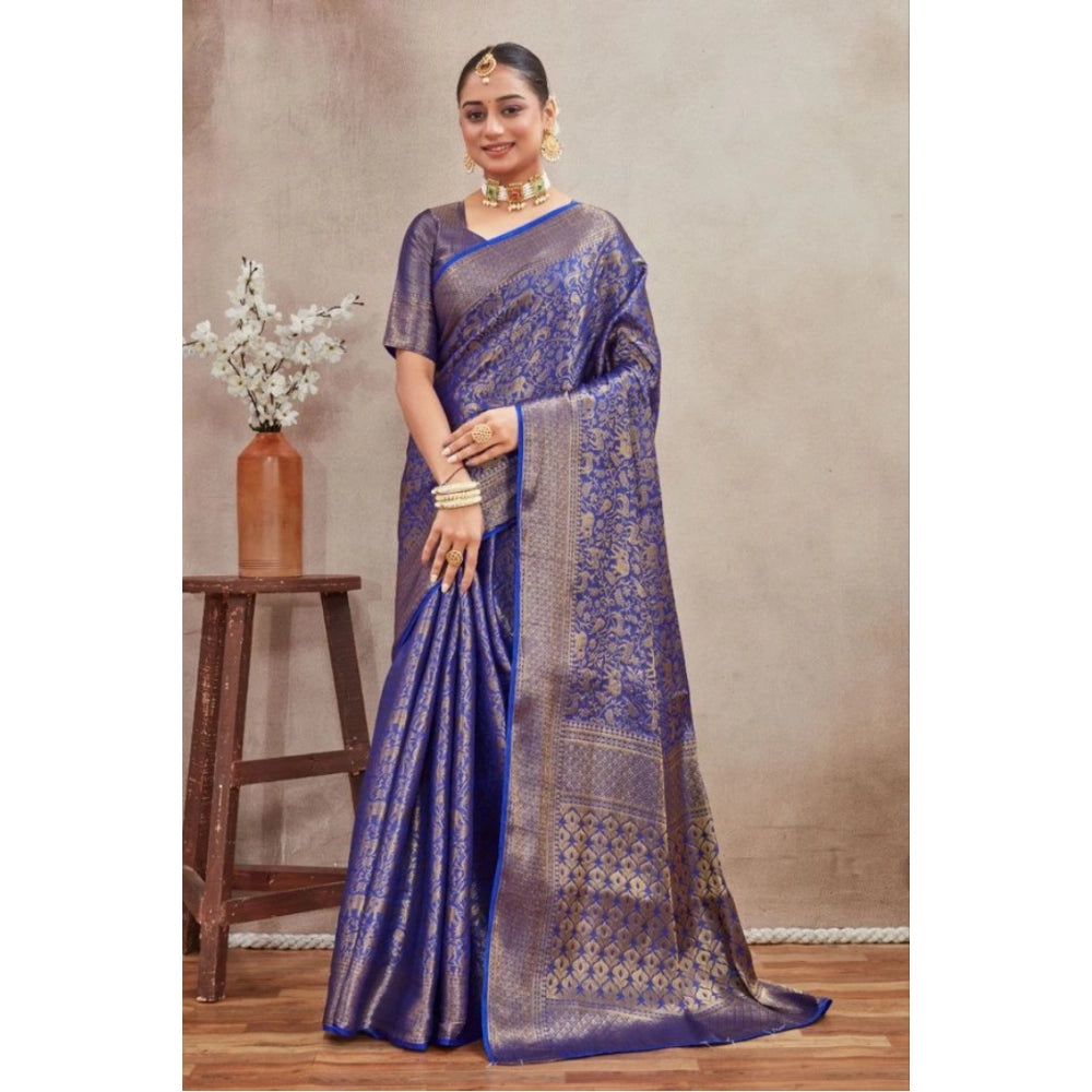 Women's Silk Blend Floral Printed Saree With Unstitched Blouse 5.5Mtr (Royal Blue)
