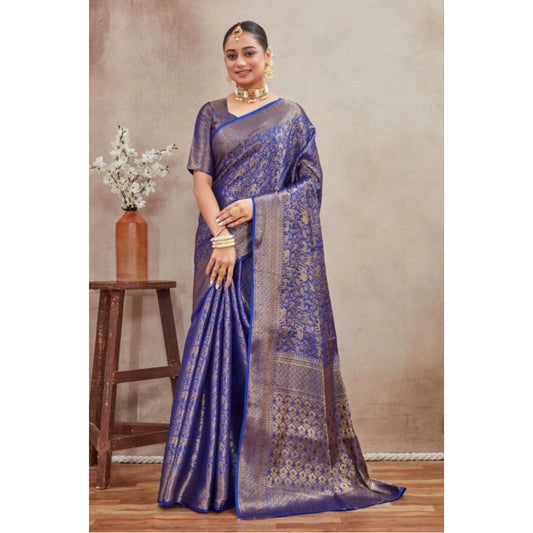 Women's Silk Blend Floral Printed Saree With Unstitched Blouse 5.5Mtr (Royal Blue)