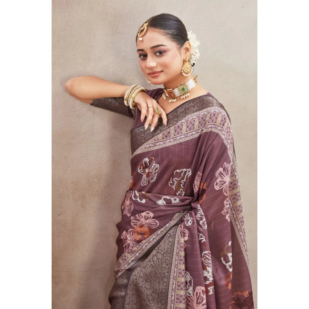Women's Crepe Silk Printed Saree With Unstitched Blouse 5.5Mtr (purple)