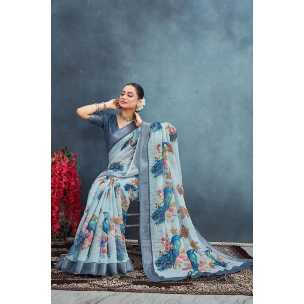 Women's Linen Floral Printed Saree With Unstitched Blouse 5.5Mtr (Grey)