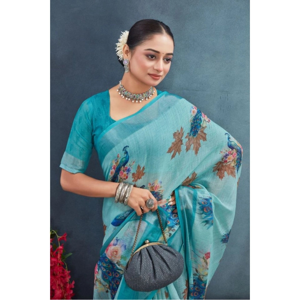 Women's Linen Floral Printed Saree With Unstitched Blouse 5.5Mtr (Aqua)
