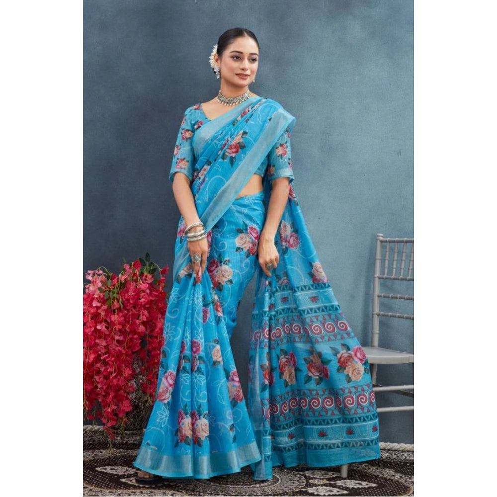 Women's Linen Floral Printed Saree With Unstitched Blouse 5.5Mtr (Blue)