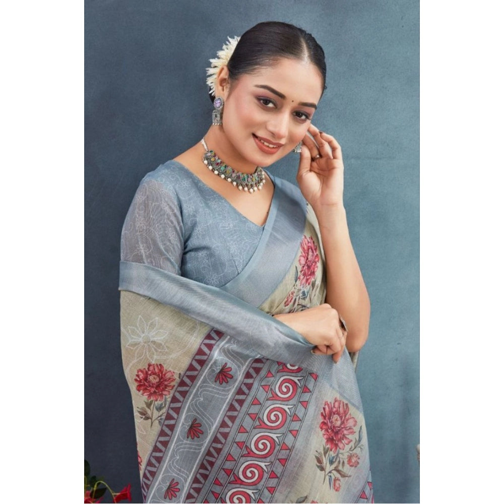 Women's Linen Floral Printed Saree With Unstitched Blouse 5.5Mtr (Beige)