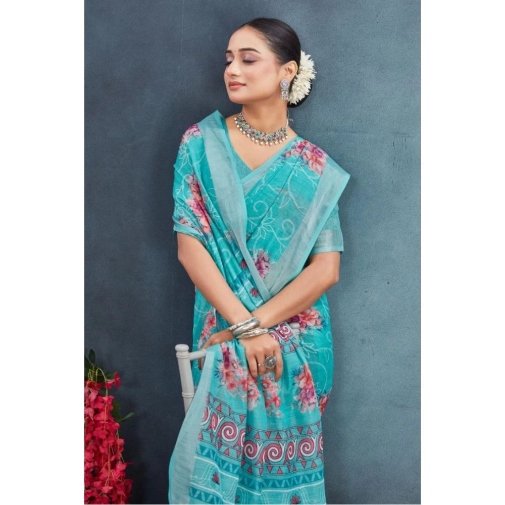 Women's Linen Floral Printed Saree With Unstitched Blouse 5.5Mtr (Aqua)