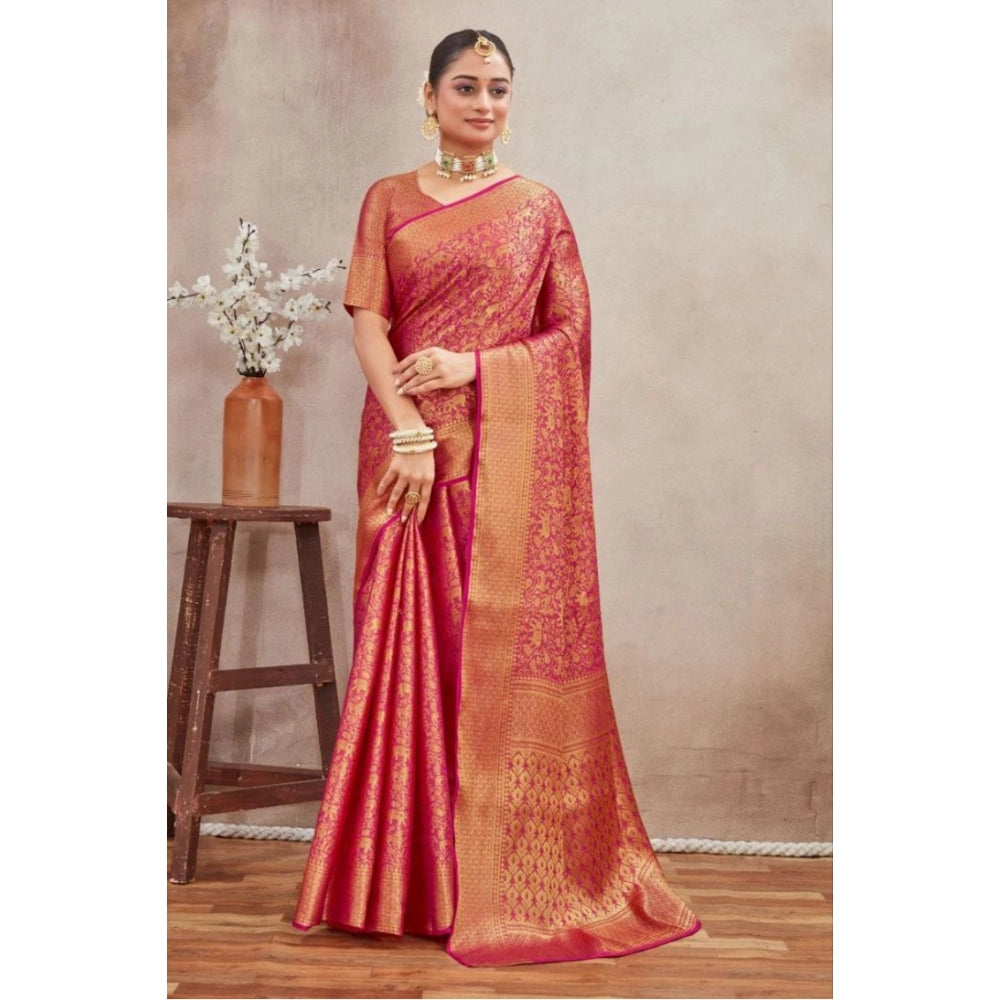 Women's Silk Blend Floral Printed Saree With Unstitched Blouse 5.5Mtr (Pink)