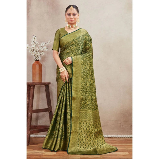 Women's Silk Blend Floral Printed Saree With Unstitched Blouse 5.5Mtr (Green)