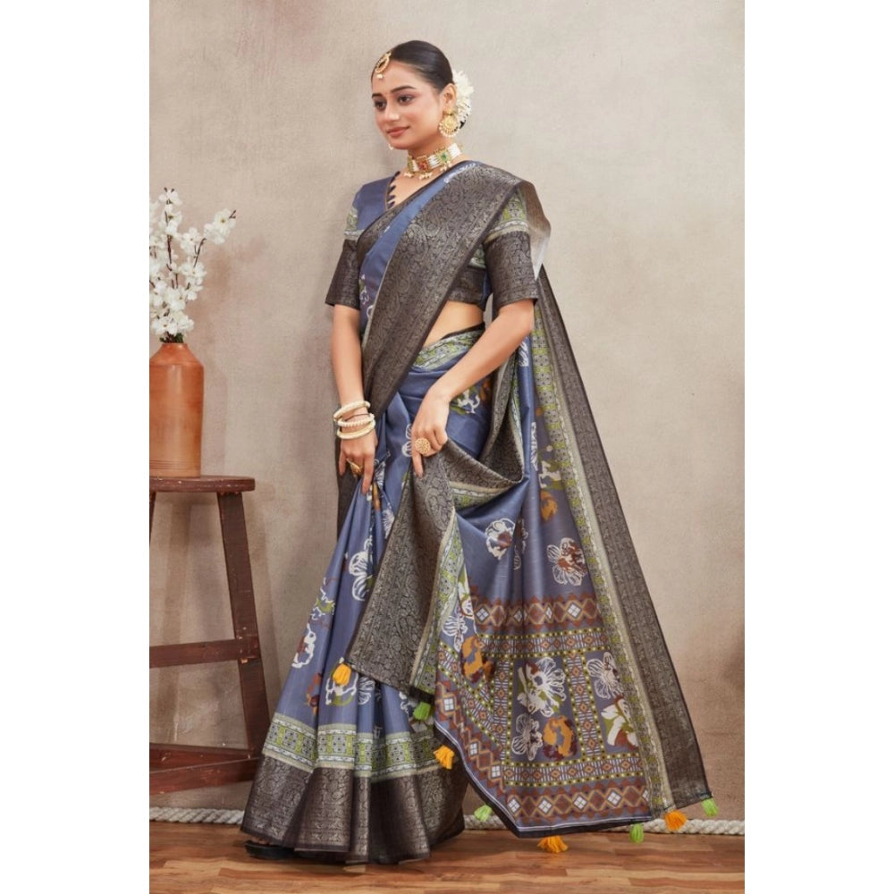 Women's Crepe Silk Printed Saree With Unstitched Blouse 5.5Mtr (Grey)