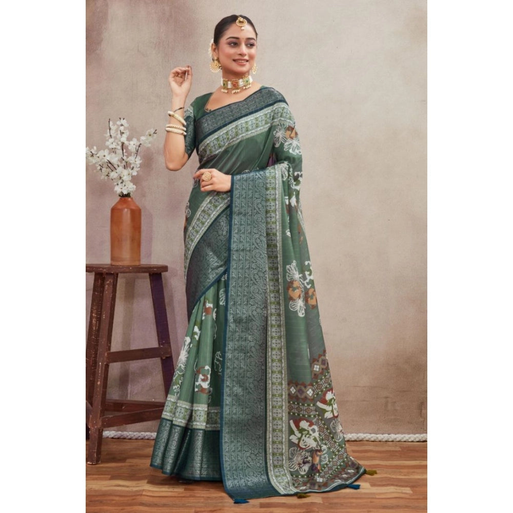 Women's Crepe Silk Printed Saree With Unstitched Blouse 5.5Mtr (Green)