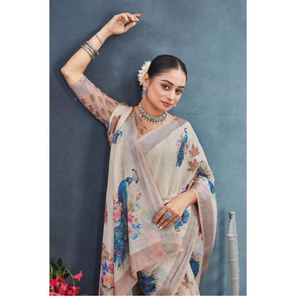 Women's Linen Floral Printed Saree With Unstitched Blouse 5.5Mtr (Beige)