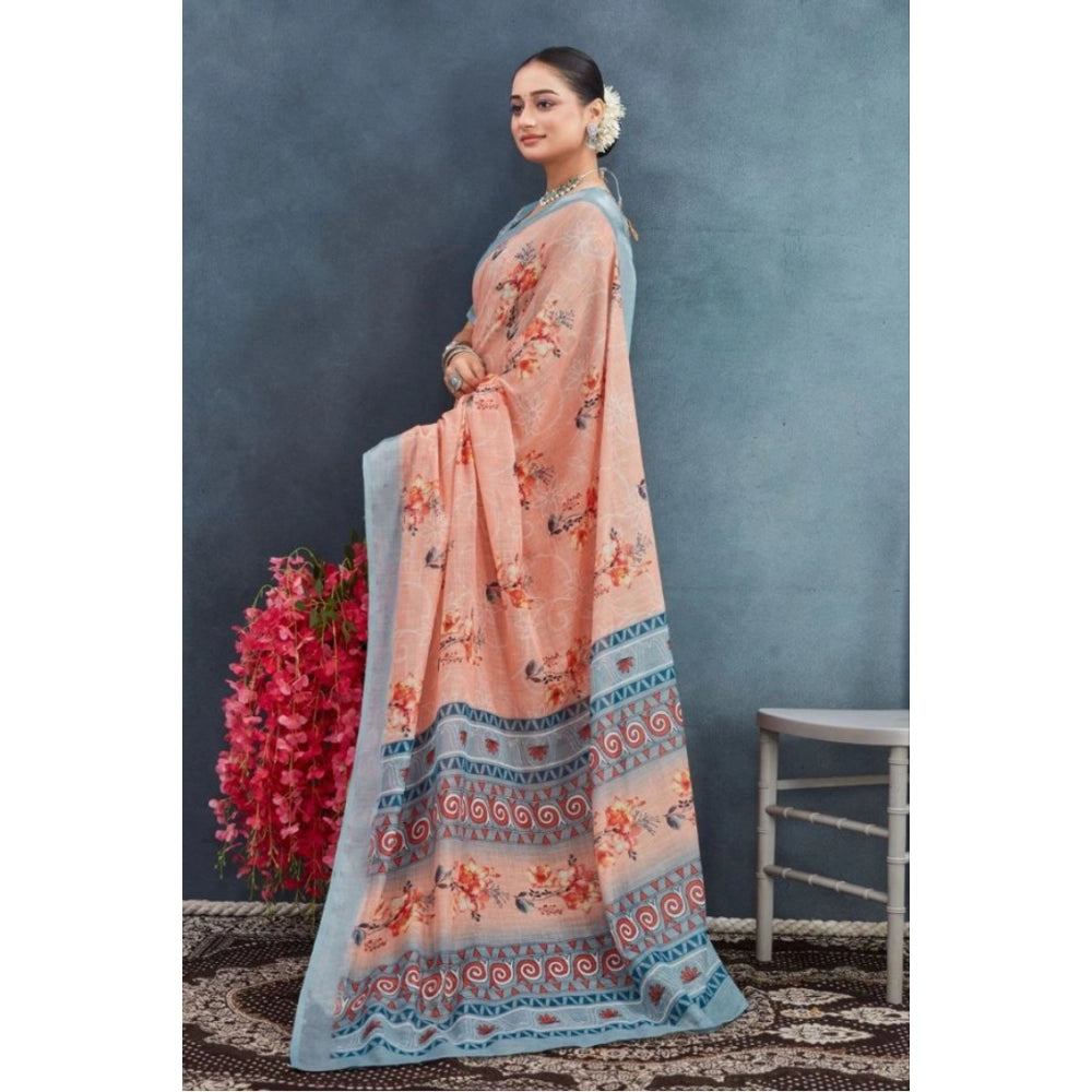 Women's Linen Floral Printed Saree With Unstitched Blouse 5.5Mtr (Orange)