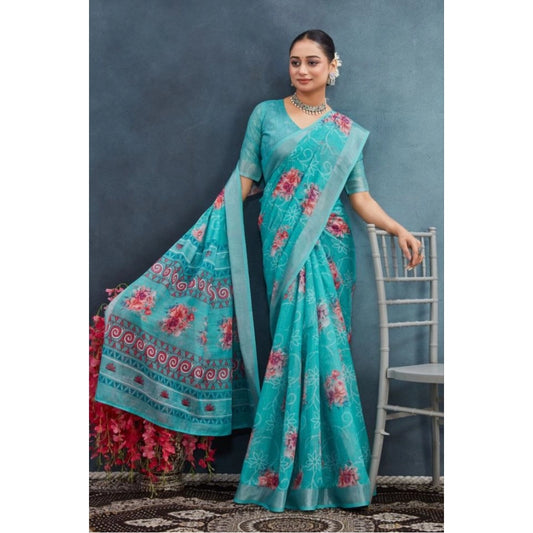 Women's Linen Floral Printed Saree With Unstitched Blouse 5.5Mtr (Aqua)