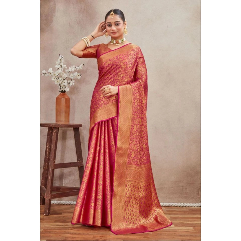 Women's Silk Blend Floral Printed Saree With Unstitched Blouse 5.5Mtr (Pink)