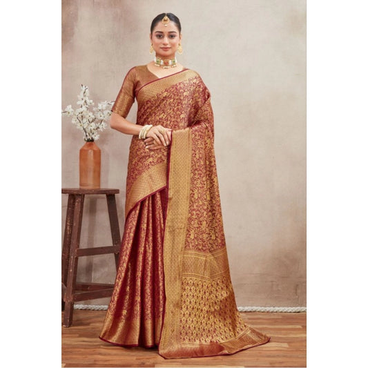 Women's Silk Blend Floral Printed Saree With Unstitched Blouse 5.5Mtr (Brown)