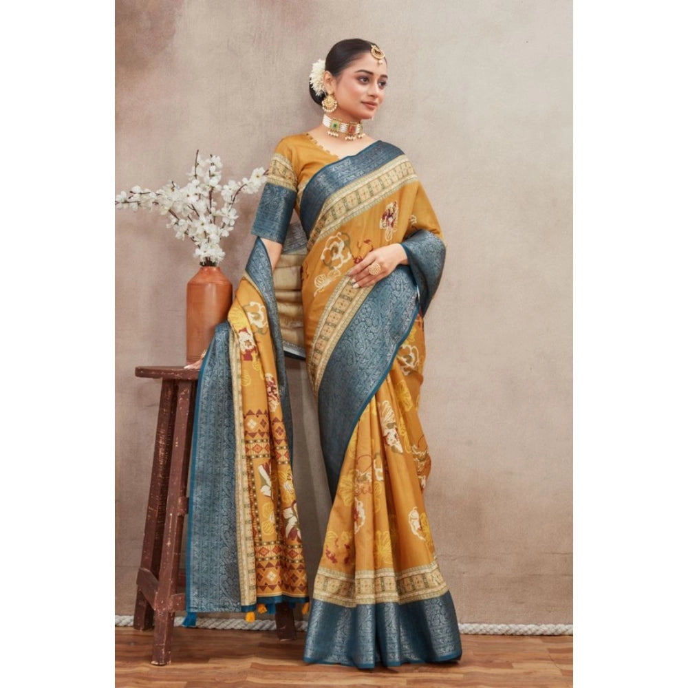 Women's Crepe Silk Printed Saree With Unstitched Blouse 5.5Mtr (Mustard)